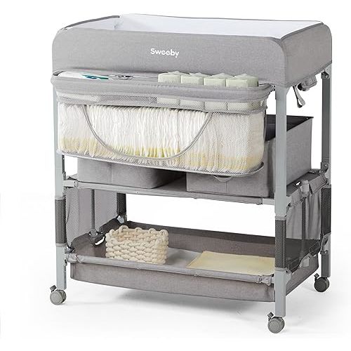 Sweeby Portable Baby Changing Table, Foldable Changing Table Dresser Changing Station for Infant, Waterproof Diaper Changing Table Pad Topper, Mobile Nursery for Newborn Essentials, Light Grey
