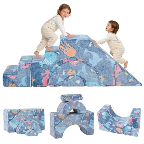 MeMoreCool Kids Climbing Couch, Ocean Theme Foam Play Sofa with Slide | Ocean theme kids play sofa with soft play slide and stairs, washable foam couch