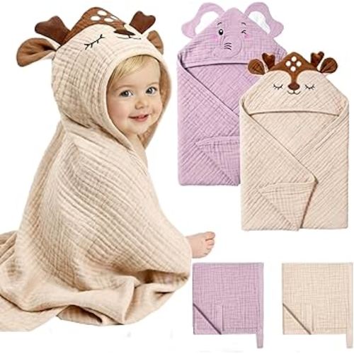 CandyHome 4 Pack Muslin Baby Towels for Newborn Set, 100% Cotton 2 Hooded Baby Bath Towels 32x32" with 2 Washcloths 10x10", Super Soft Absorbent Infant Toddler Bath Essentials Gifts, Elephant & Deer