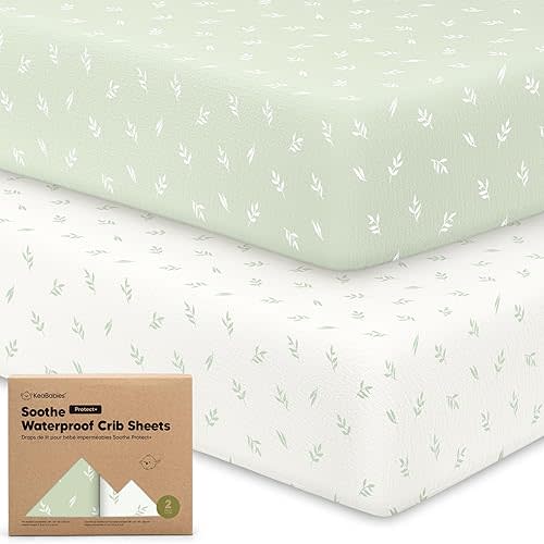 2-Pack Waterproof Crib Sheets for Girl, Boy - Organic Cotton 52X28 Fitted Crib Sheets Neutral, Crib Mattress Protector Sheets, Soft Toddler Bed Sheets,Washable Infant Fitted Baby Crib Sheets (Herb)