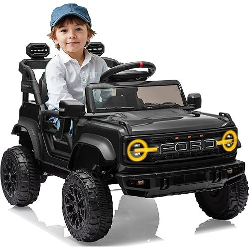 12V Ride on Toys for Kids, Licensed Ford Bronco Raptor Children Electric Vehicles, Toddler Battery Powered Car with Double Doors, 3 Point Safety Belt, Led Lights (12V, Black)