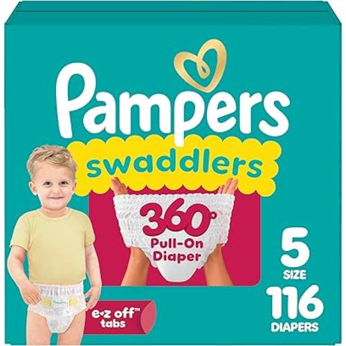 Pampers Diapers - Swaddlers 360° - Size 5, 116 Count, up to 100% Leakproof Comfy Dry Fit, Designed for Easy Changes, Pull On Baby Diaper (Packaging May Vary)