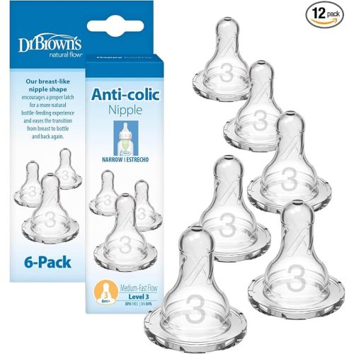 Dr. Brown's Natural Flow Level 3 Narrow Baby Bottle Nipple,Medium-Fast Flow,6m+,100% Silicone,6 Count (Pack of 12)