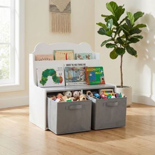 Kids' Wooden Bookshelf with 2 Fabric Storage Bins - Bear-Shaped Book Display & Toy Organizer for Nursery and Playroom, White & Gray