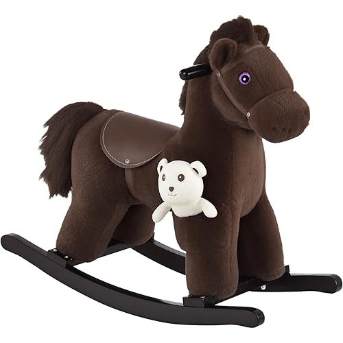 Qaba Kids Plush Ride-On Rocking Horse with Bear Toy, Children Chair with Soft Plush Toy & Fun Realistic Sounds, Brown