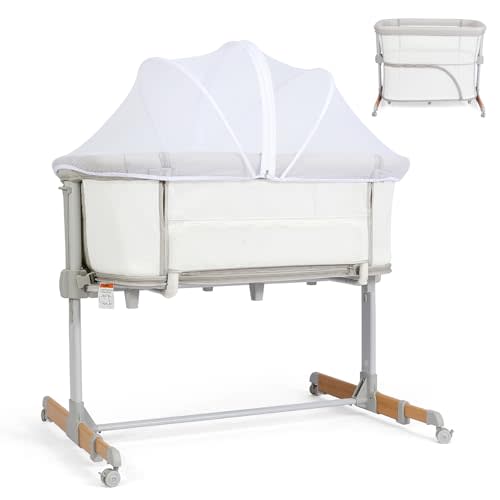 bicystar Baby Bassinet Bedside Sleeper Playpen 3 in 1, Attach to Parents Bed with Wheels, Mattress Included, All Mesh Breathable, Adjustable Height for 0-18 Months, Baby Registry