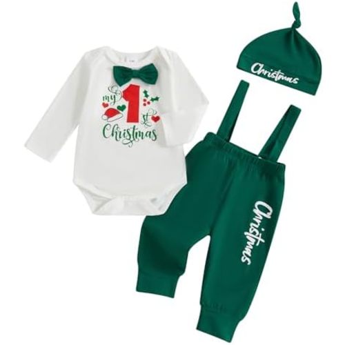 Karuedoo My 1st Christmas Baby Boy Outfit Letter Print Long Sleeve Bowtie Romper Suspender Pants with Hat 3Pcs Clothes Sets