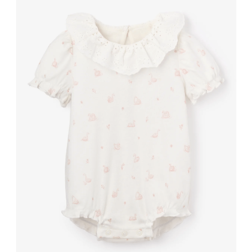 Pink Swan Print Organic Cotton Rib Baby Bubble Romper – Elegant Baby