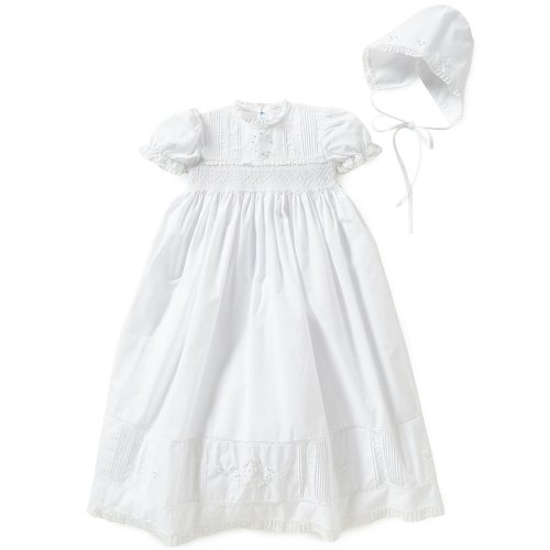 Feltman Brothers Baby Girls Smocked Lace-Trimmed Embroidered Christening Gown and Hat Set
