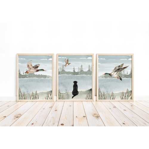 Watercolor Duck Hunting Nursery Mallard Duck and Black Lab Set of 3 Unframed Prints