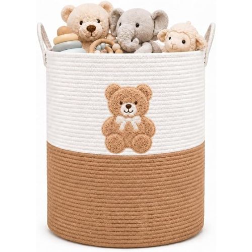 Baby Laundry Basket & Nursery Hamper, 15"D x 20.9"H Tall Cotton Rope Woven Laundry Hamper with Handles for Baby Clothes, Toys & Blankets, Teddy Bear Nursery Decor for Bedroom & Kids Room, White & Jute