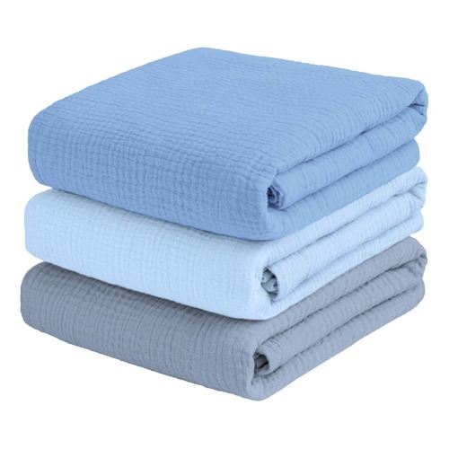 Muslin Swaddle Blankets for Baby Boy - 3 Pack 47x47 Inch Large Receiving Blankets, Soft Breathable Cotton Nursery Swaddles for Newborns, Infant & Todler, Blue