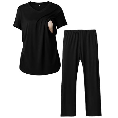 Rnxrbb V Neck Nursing Pajamas Set Postpartum Pjs Maternity Breastfeeding sleepwear for Women with Pockets 2 Pack