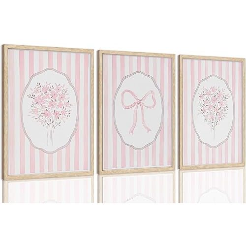 SongZest 3 Piece OAK Framed Wall Art Pink Floral Canvas Art Pink Striped Flower Prints Coquette Bow Pictures Wall Decor Minimalist Botanical Aesthetic Paintings Artwork for Bedroom Bathroom Living Room 16x20in