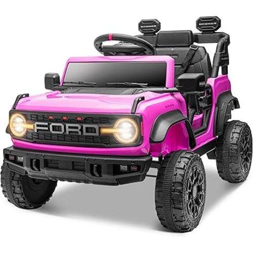 ENYOPRO 12V Ford Bronco Raptor Ride On Car for Kids, Electric Power Car Ride-On Toy for Toddlers w/Remote Control, 4 Wheels Spring Suspension, Bluetooth Music, Radio, LED Lights, 2 Speed (Pink)