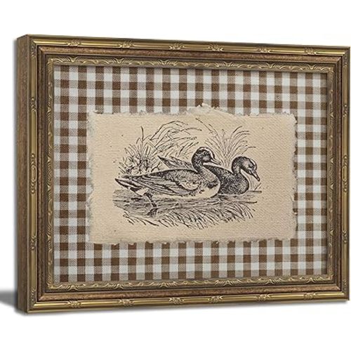 Vintage Gold Framed Wall Art Vintage Duck Wall Art Rustic Farmhouse Brown Gingham Duck Wall Decor Picture Country Cottage Illustration Poster Print Artwork for Living Room Bedroom 9x11in
