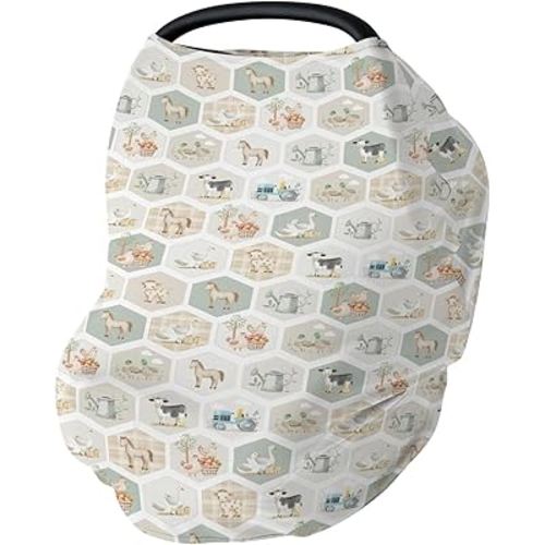 Farm Party Car Seat Cover for Babies Farm Cow Pig Horse Duck Chick Meadow Tractor Stretchy 5-in-1 Covers Adjustable Car Canopy Breastfeeding Cover Farm Animals Life Breathable Nursing Cover-Up