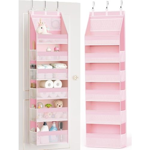 Criusia Over the Door Organizer, 6-Shelf Closet Hanging Storage with 13 Mesh Pockets, 55lbs Capacity Behind the Door Storage for Baby Nursery, Bathroom, Bedroom, and Dorm, Pink
