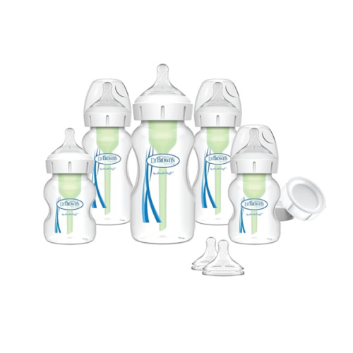 Dr. Brown's Natural Flow Anti-Colic Options+ Wide-Neck Baby Bottle Newborn Feeding Set with Baby Bottle Travel Caps