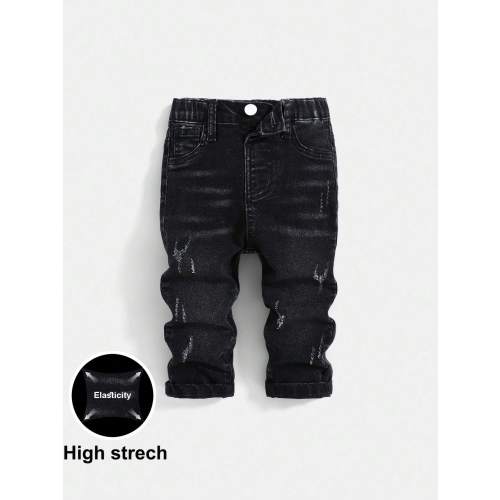 SHEIN Baby Boys Casual Soft Cute Ripped Cat Whiskers High Stretch Skinny Black Denim Jeans,Casual And Versatile For Baby Boys Indoor/Outdoor Fall/Winter Clothes