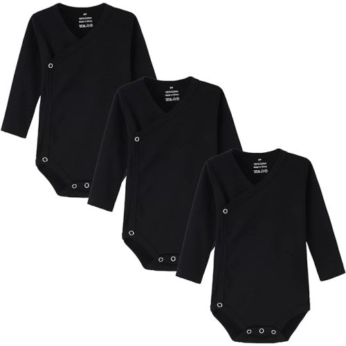 BLACK 3-6 Months: ACESTAR Baby Boy Girl Side Snap Bodysuits - 100% Cotton Plain Long Sleeve Baby Kimono for Newborn-12 Months, 3 Pack