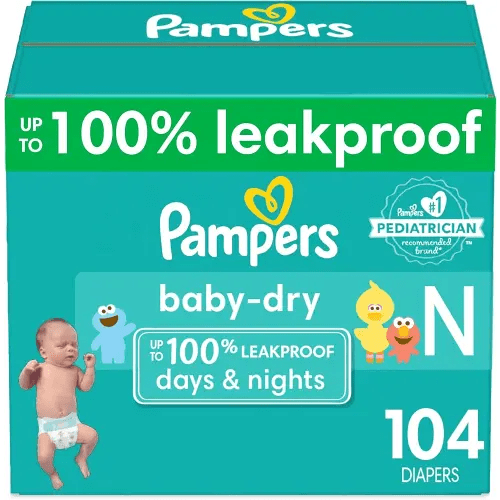 Pampers Baby Dry Diapers Newborn - Size 0, 104 Count, Absorbent Disposable Diapers