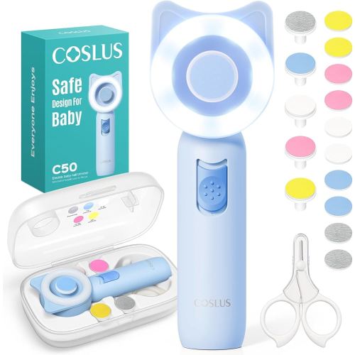 COSLUS Baby Nail Trimmer Electric: Gentle Baby Nail File with Quiet Design & 360° Light - Safe for Sleep Trim Grind, 16 in 1 Cute Nail Clipper Kit for Newborn Infant Toddler, C50, Blue