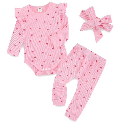 Fullfamous Baby Girl's 3pc Rib Frill Long Sleeve Romper and Pant Set