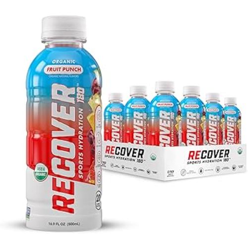 RECOVER 180 Organic Sports Hydration Drink, No Sugar Added, 20 Calorie Sports Beverage, Organic Flavors With Vitamins, Potassium-Packed Electrolytes (16.9 Fl Oz (Pack of 12), Fruit Punch)