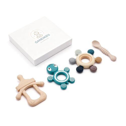 Baby Silicone Teething Ring Teether Gift Set for Boys and Girls Over 3 Months Soothes Gums Fits Small Hands Ergonomic Design Set of 4 Toys Ideal Gift Box BPA Free