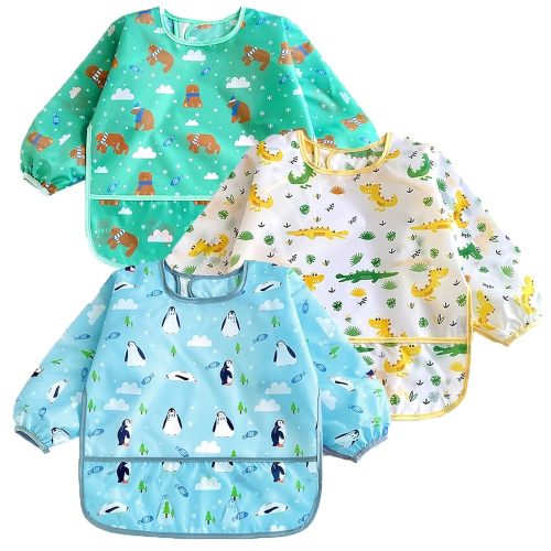 PandaEar 3 Pack Long Sleeve Bibs, Waterproof Smock Baby Bibs for Eating, Reusable Bibs for Baby Infant Toddler 6-36 Months(Bears/Penguins/Dinosaurs)