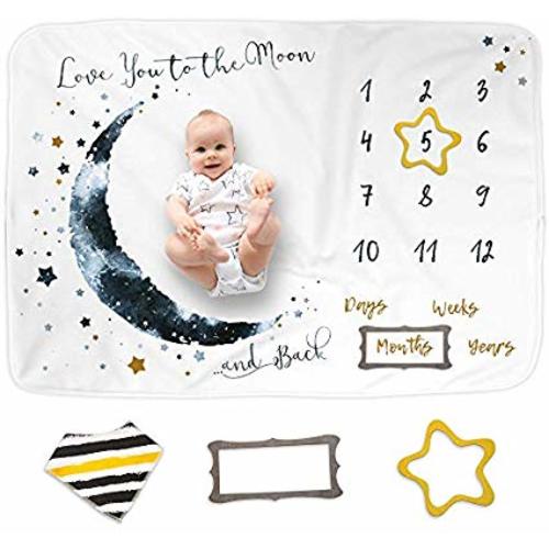 Luka&Lily Baby Monthly Milestone Blanket for Baby Boy and Girl, Baby Photo Blanket for Newborn Baby Shower, Monthly Blanket for Baby Pictures, Includes Bandana Drool Bib + 2 Frames, Large 60"x40"