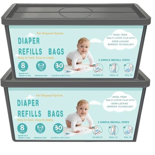 Diaper Pail Refills Bags with 30 Bags Compatible with Genie Easy Roll Signature and Platinum Diaper Pails, 7-Layer Odor-Barrier Technology-2 Packs