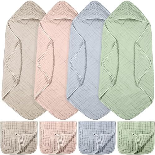 VitalCozy 8 Pcs Baby Muslin Hooded Bath Towels and Washcloths, Muslin Hooded Baby Towels Absorbent Blankets for Gift Newborn Infant Shower (Cream Color)