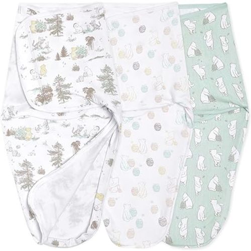 aden + anais Essentials Easy Swaddle Wrap Quick Change with Bottom Zipper, Snug Cotton Knit Baby Wrap Swaddle Blanket for Newborns, TOG 1.0, 3 Pack, Winnie, 0-3 Months, Small/Medium