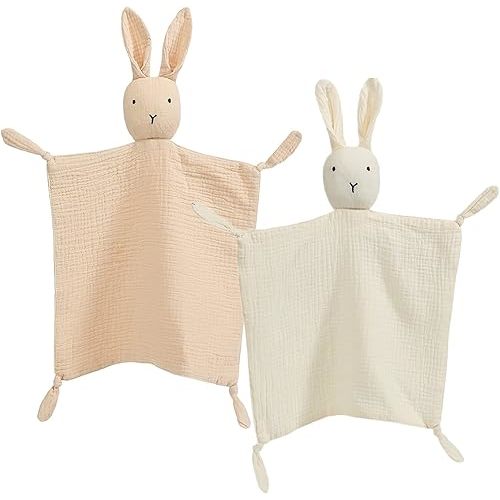 insular Bunny Lovey Blanket for Boys and Girls, Organic Cotton Muslin Security Blanket for Babies, Soft Breathable Lovie Soothing Towel for Newborn and Infant, 2 Pcs Set (Beige&Khaki)