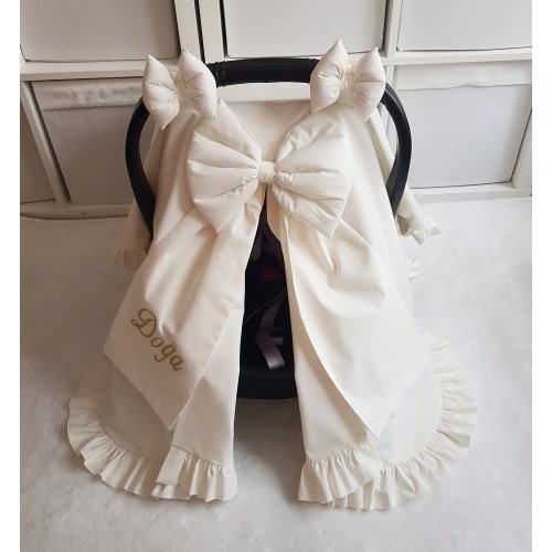 Light Cream Baby Carseat Cover Girl with 3 Bows , Ruffle Custom Baby Carseat Canopy Girl , Gold Name Embroidery , Baby Shower Gift Girl