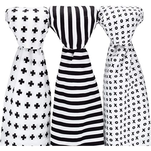 Muslin Baby Swaddle Blankets, 47x47 (3 Pack) Black, White, XO, Stripe, Cross