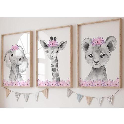 Safari Animals Baby Girls Nursery Set of 3 Unframed Wall Art Prints, Gray Baby Animals with Pink Flowers, Child Bedroom Nursery Decor Posters, Giraffe Elephant Lion (8x10)