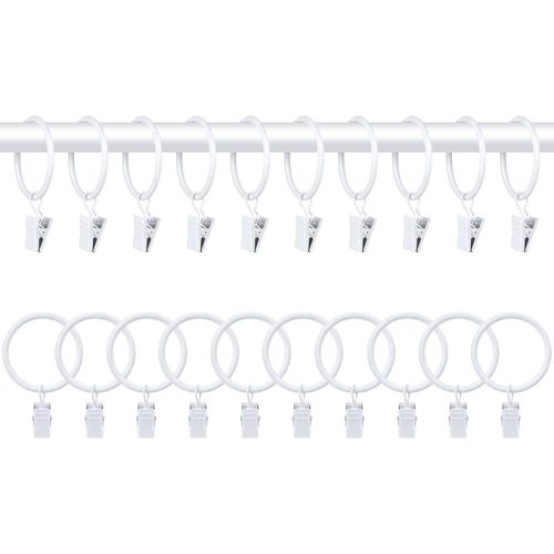 20 PCS Metal Curtain Rings with Clips, White Drapery Rings for Hanging, Curtain Clips 1.5" Interior Diameter