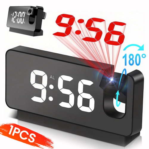 Rongsi Projection Alarm Clock, Digital Clock with 180° Rotatable Projector, USB Charger, 12/24H, for Bedroom, Black/White