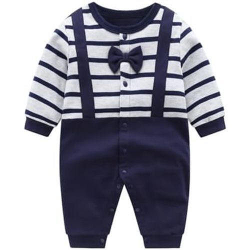 Baby Boy Cotton Romper Tuxedo Suit Long Sleeve One Piece with Bow Tie Snap Closure Formal Jumpsuit 0-18 Months