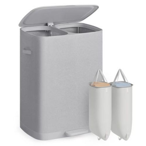 SONGMICS Laundry Hamper with Pedal and Lid, 2 Sections Clothes Sorter, Removable Liner Bags, 160 L, 22 x 15.9 x 29.5 Inch, Grey, Brosi Collection