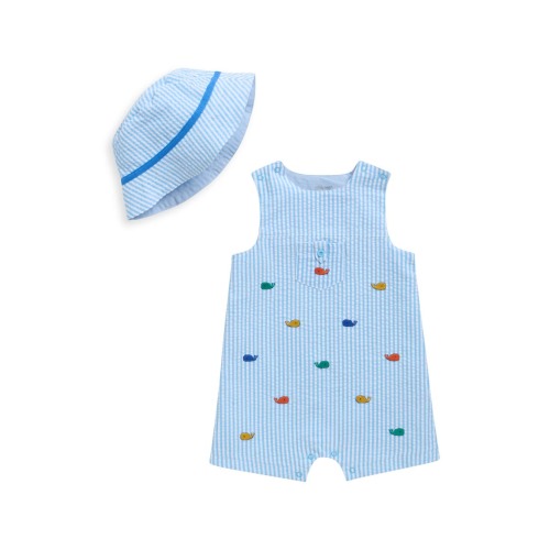 Whales Cotton Seersucker Romper & Bucket Hat Set, 6M