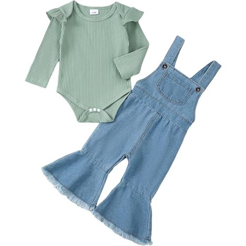 SUNNY PIGGY Baby Girl Newborn Clothes Infant Toddler Outfits Flare Jeans Overall Pant Set Fall Winter 0-4T