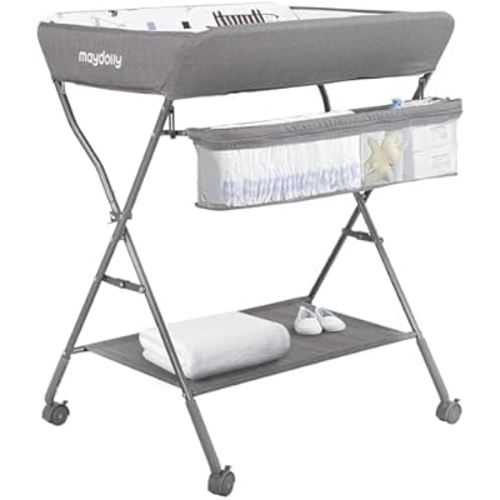 Maydolly Baby Changing Table with Wheels,Portable Adjustable Height Folding Diaper Station with Nursery Organizer & Storage Rack for Newborn Baby and Infant
