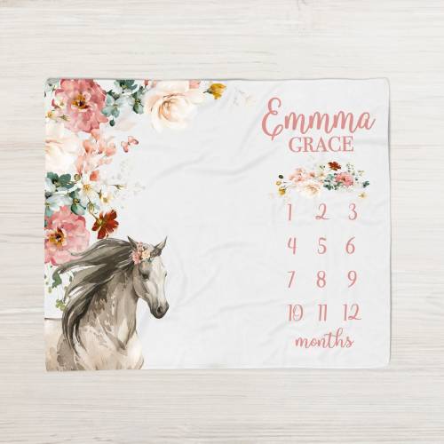 Floral Horse Milestone Blanket, Western Girl Baby Milestone Blanket Personalized Month Blanket, Baby Girl Wildflower Horse Blanket 355