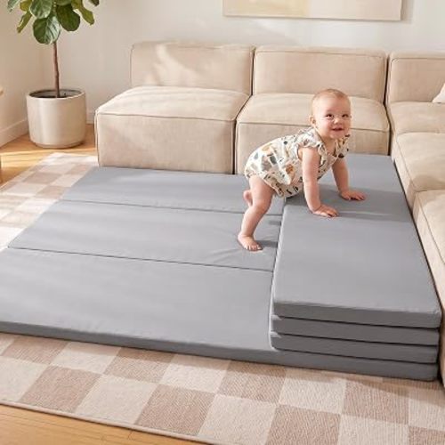 Mallify Foldable Baby Play Mat, 50''x50'' Waterproof Thick Foam Vegan Leather Playpen Mat for Infants and Toddlers, Portable Baby Mat for Floor, Grey