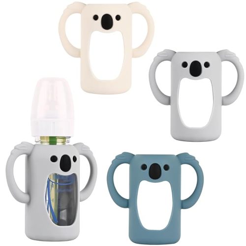 HUAKENER 3 Pack Silicone Sleeves with Handles for Dr Brown's Glass Baby Bottles 4 oz, Anti Breakage Baby Bottle Holder, Compatible with Dr. Brown's Natural Narrow Glass Baby Bottles