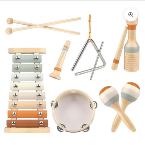 Montessori Wooden Music Set with Drum, Xylophone, Maracas for Kids